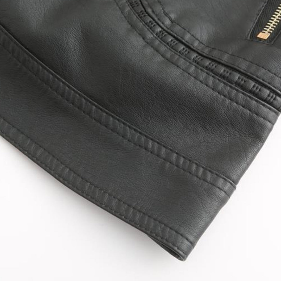 Women's Faux Leather Moto Jacket Stand Collar Zip-Up Quilted Shoulder