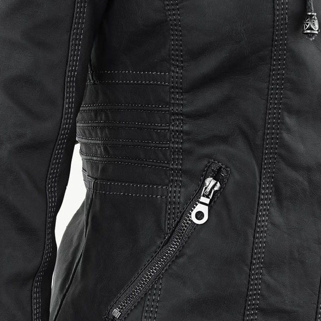 Women's Faux Leather Moto Jacket Band Collar Zip-Up Fitted Hooded