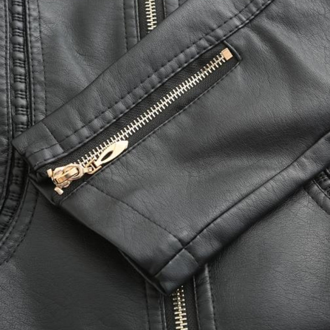 Women's Faux Leather Moto Jacket Stand Collar Zip-Up Quilted Shoulder