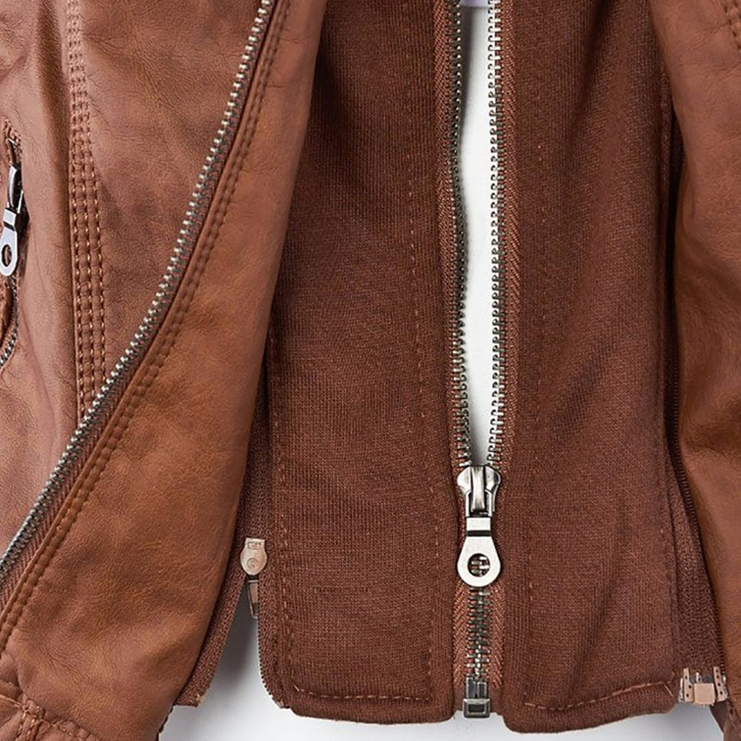 Women's Faux Leather Moto Jacket Band Collar Zip-Up Fitted Hooded