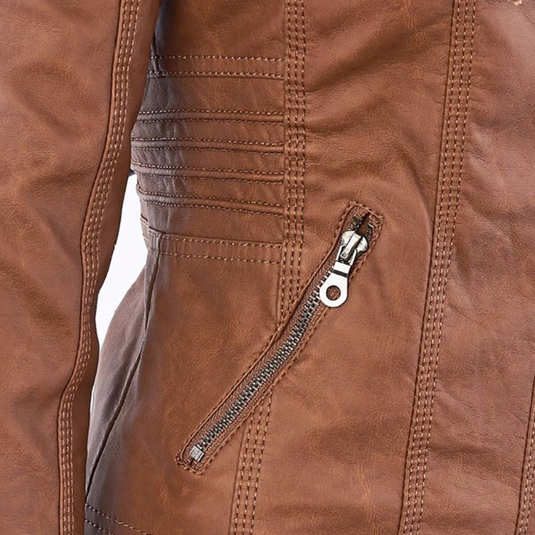 Women's Faux Leather Moto Jacket Band Collar Zip-Up Fitted Hooded