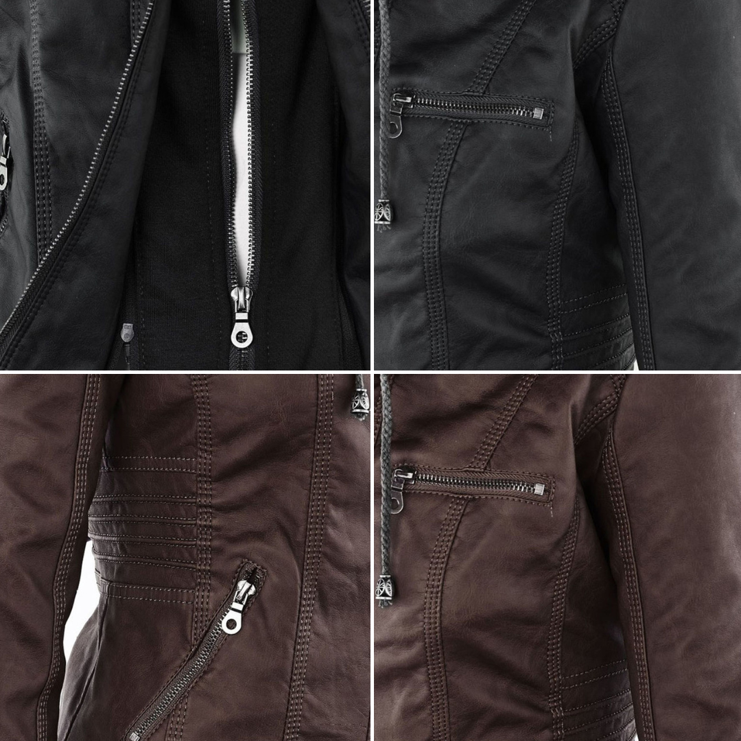 Women's Faux Leather Moto Jacket Band Collar Zip-Up Fitted Hooded