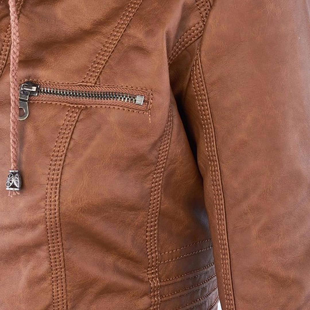 Women's Faux Leather Moto Jacket Band Collar Zip-Up Fitted Hooded