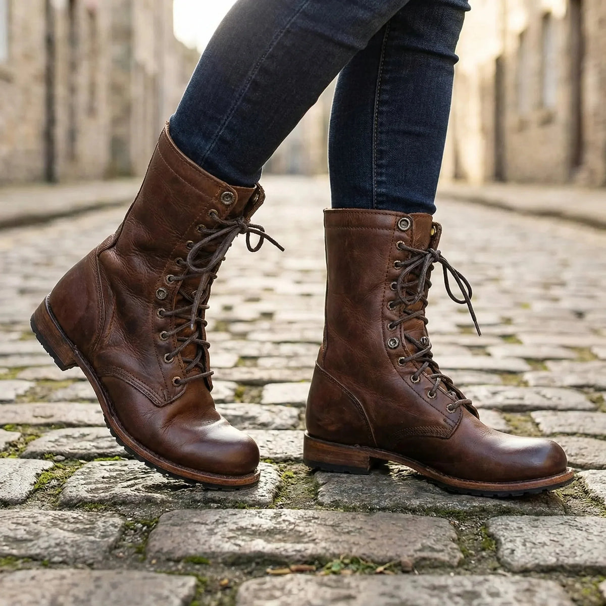 Women's Brown Leather Combat Boots Lace-Up Mid-Calf Military Round Toe Winter