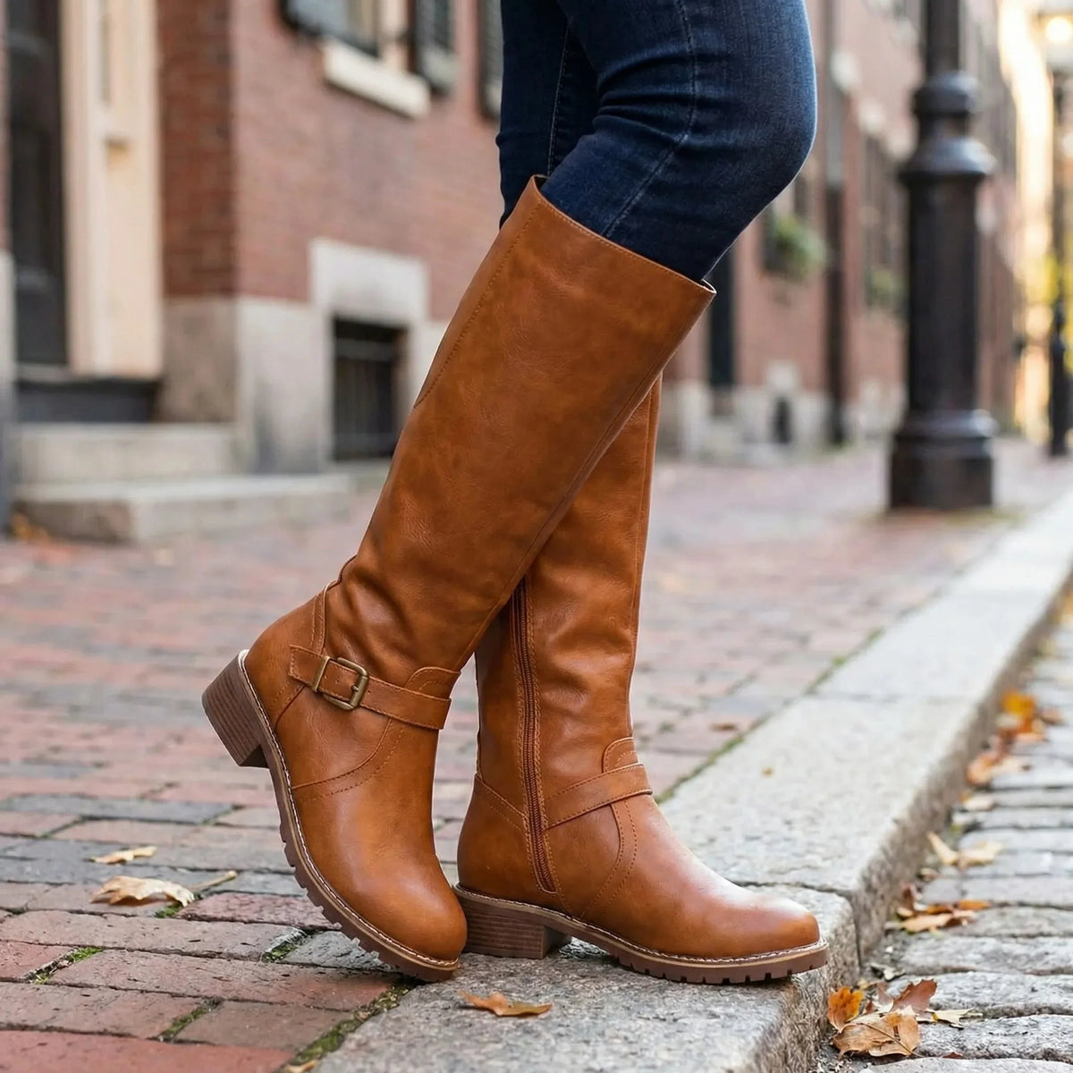 Women's Knee High Riding Boots Buckle Side Zip Block Heel Round Toe Equestrian