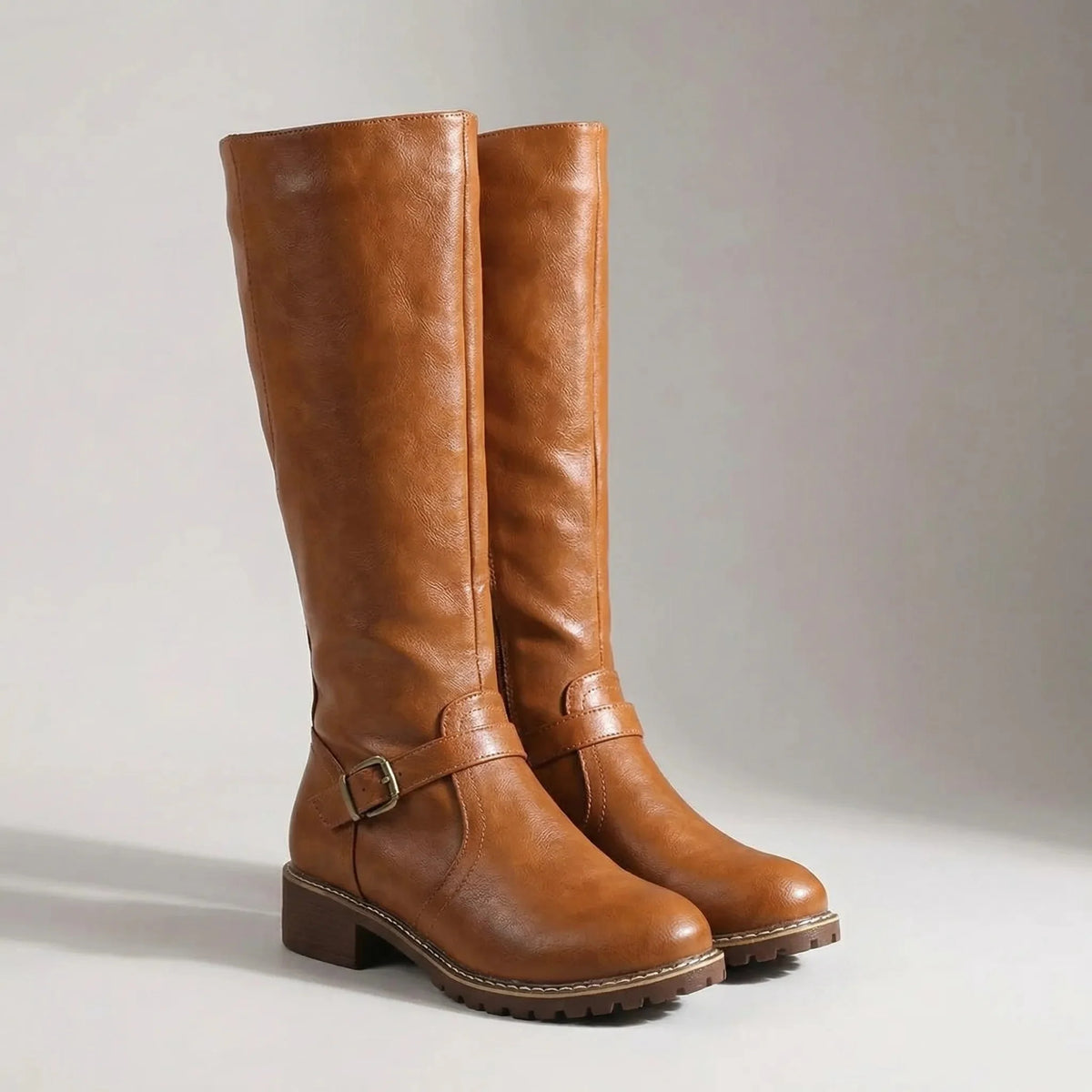 Women's Knee High Riding Boots Buckle Side Zip Block Heel Round Toe Equestrian