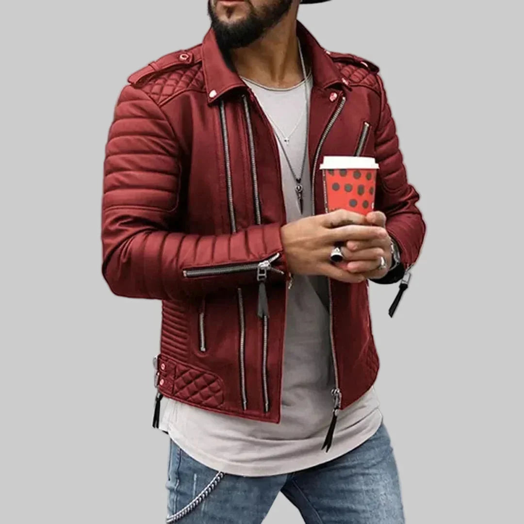 Men's Faux Leather Moto Jacket Asymmetric Zip Quilted Shoulder Lapel Biker Style