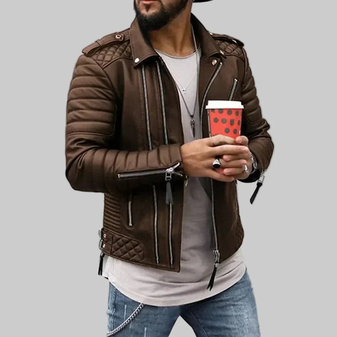 Men's Faux Leather Moto Jacket Asymmetric Zip Quilted Shoulder Lapel Biker Style