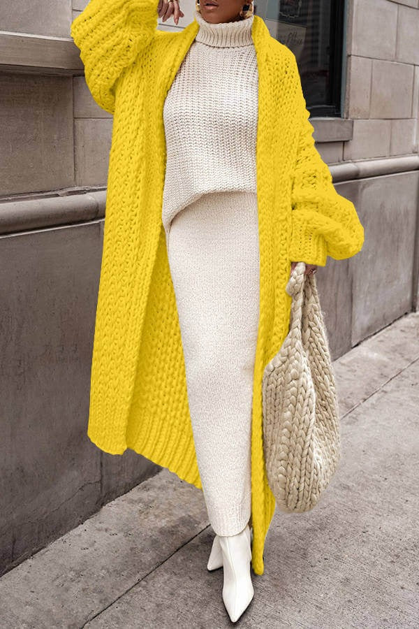 Women's Chunky Wool Knit Cardigan Longline Open-Front Oversized Hand-Knit