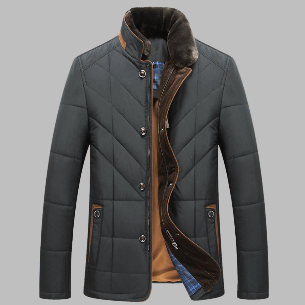 Men's Quilted Winter Jacket Fur Collar Button Front Chevron Padded Warm Tailored