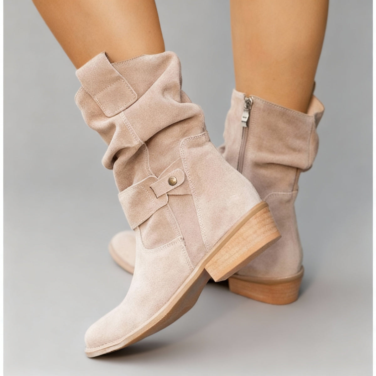 Women's Suede Slouchy Mid-Calf Boots Side-Zip Block-Heel Round-Toe