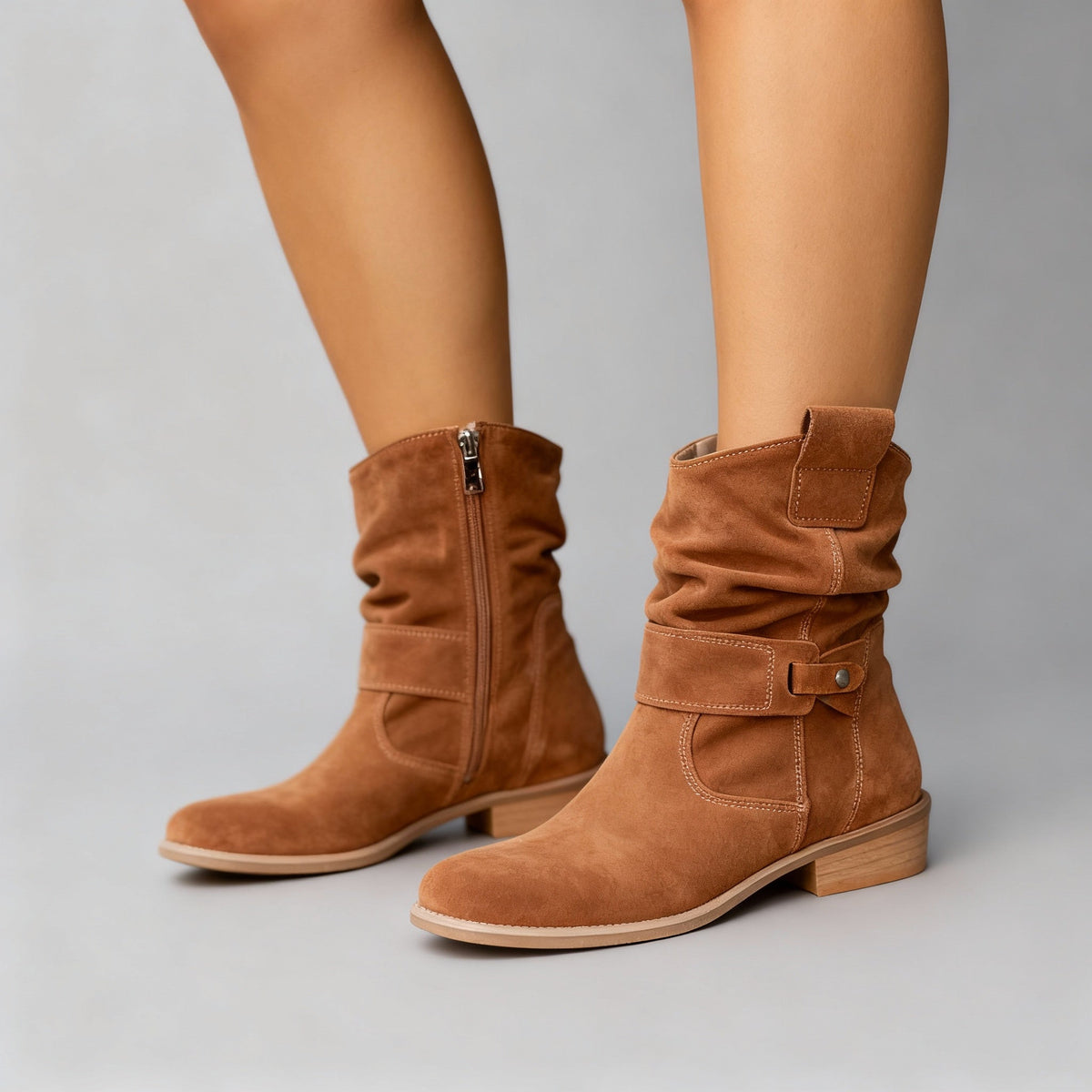 Women's Suede Slouchy Mid-Calf Boots Side-Zip Block-Heel Round-Toe
