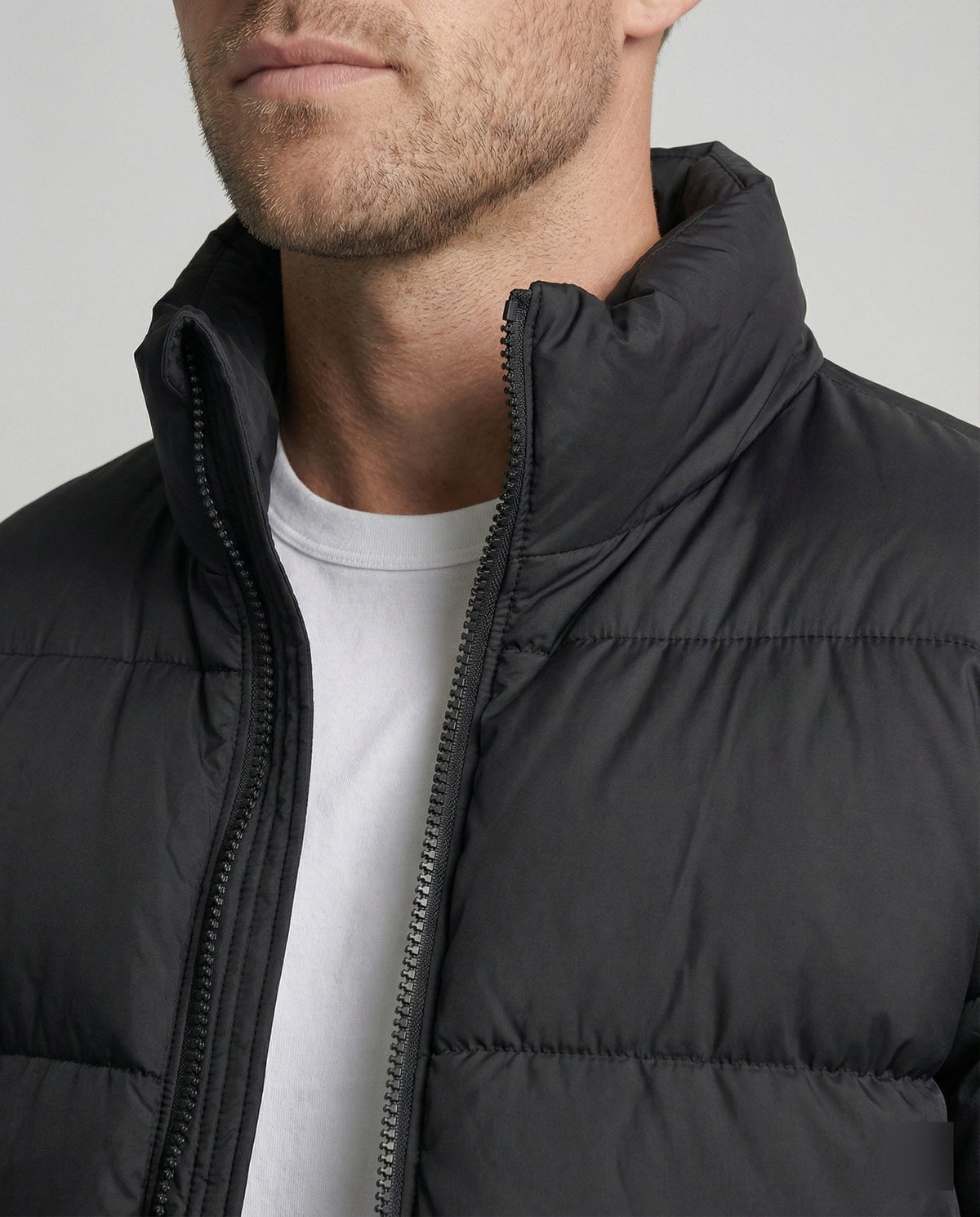 Men's Duck Down Puffer Jacket Stand Collar Full-Zip Warm Boxy