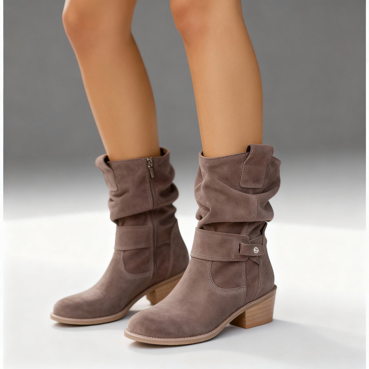 Women's Suede Slouchy Mid-Calf Boots Side-Zip Block-Heel Round-Toe