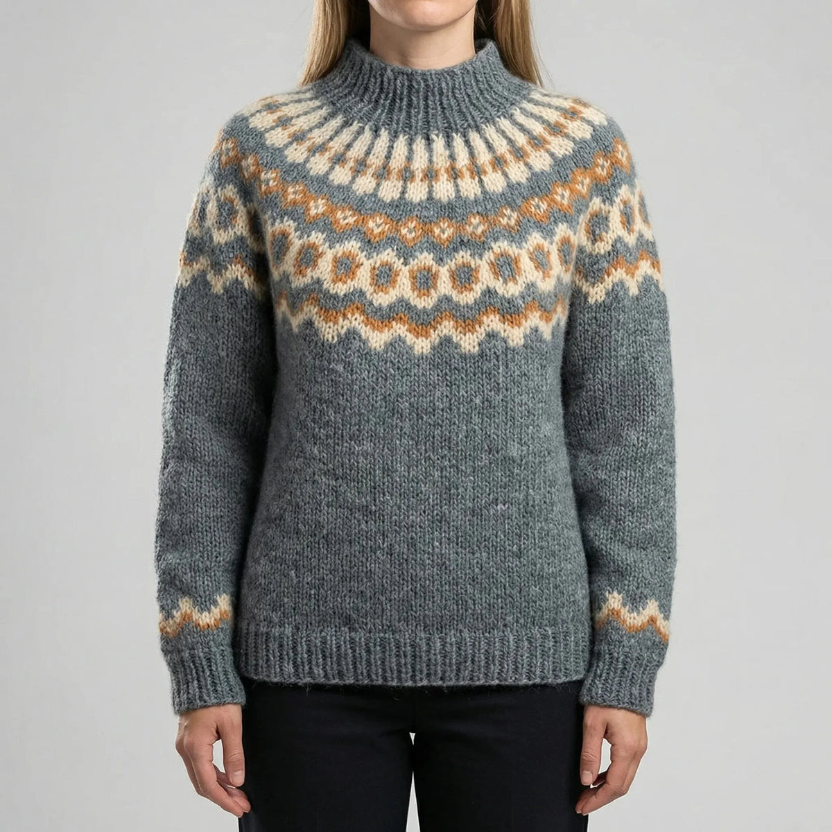 Women's Fair Isle Knit Sweater Nordic Yoke Mock Neck Long Sleeve Christmas Pullover
