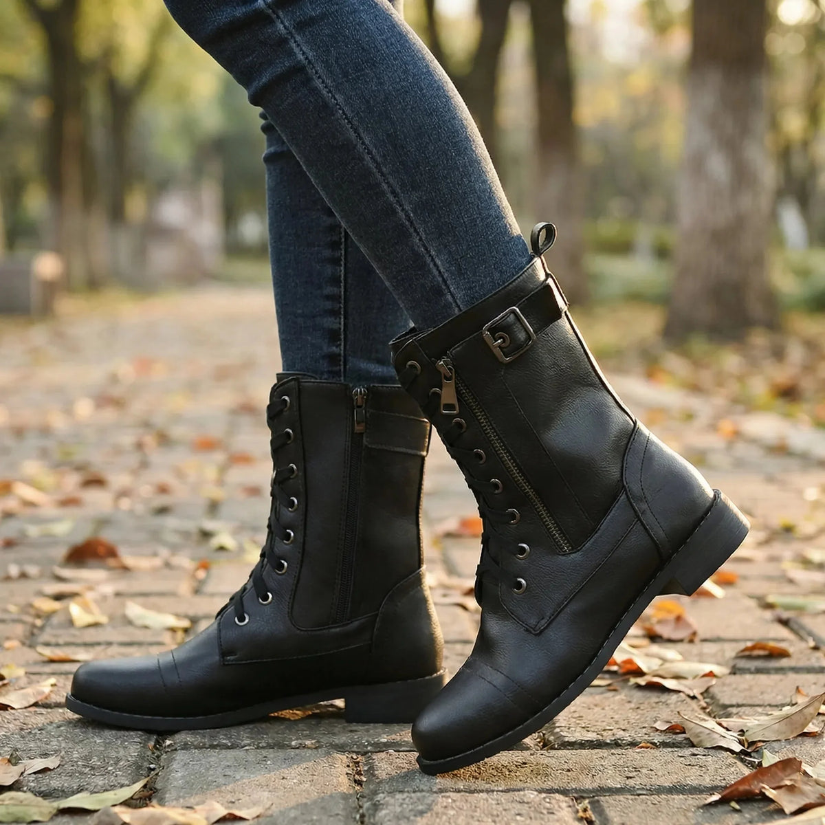 Women's Leather Combat Boots Lace-Up Side Zip Buckle Mid-Calf Cap Toe Military