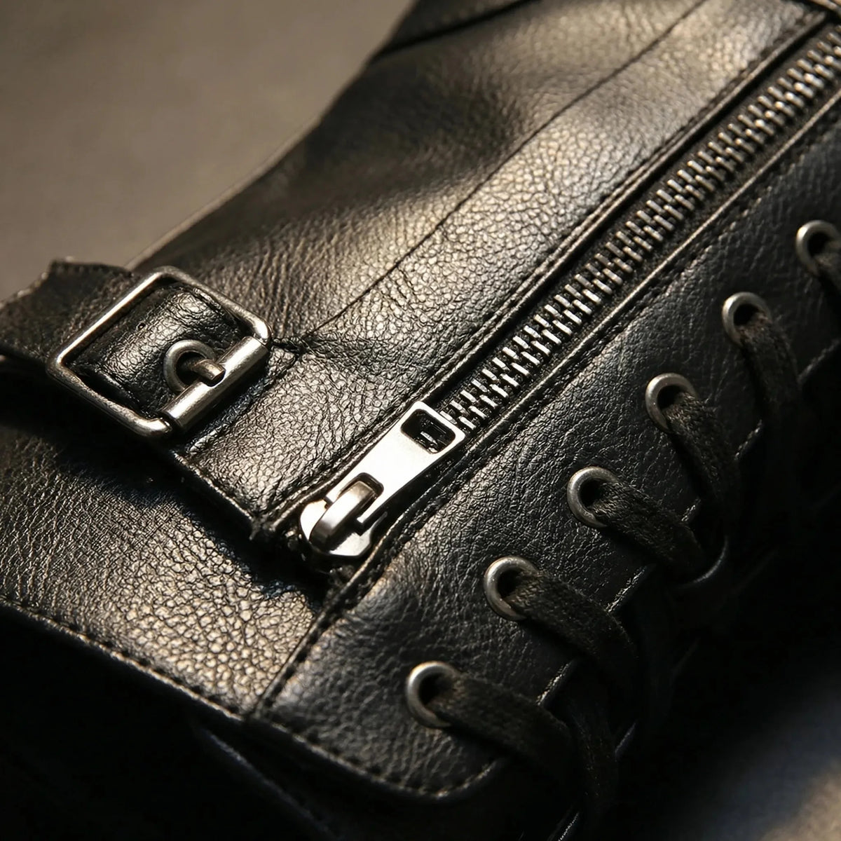Women's Leather Combat Boots Lace-Up Side Zip Buckle Mid-Calf Cap Toe Military