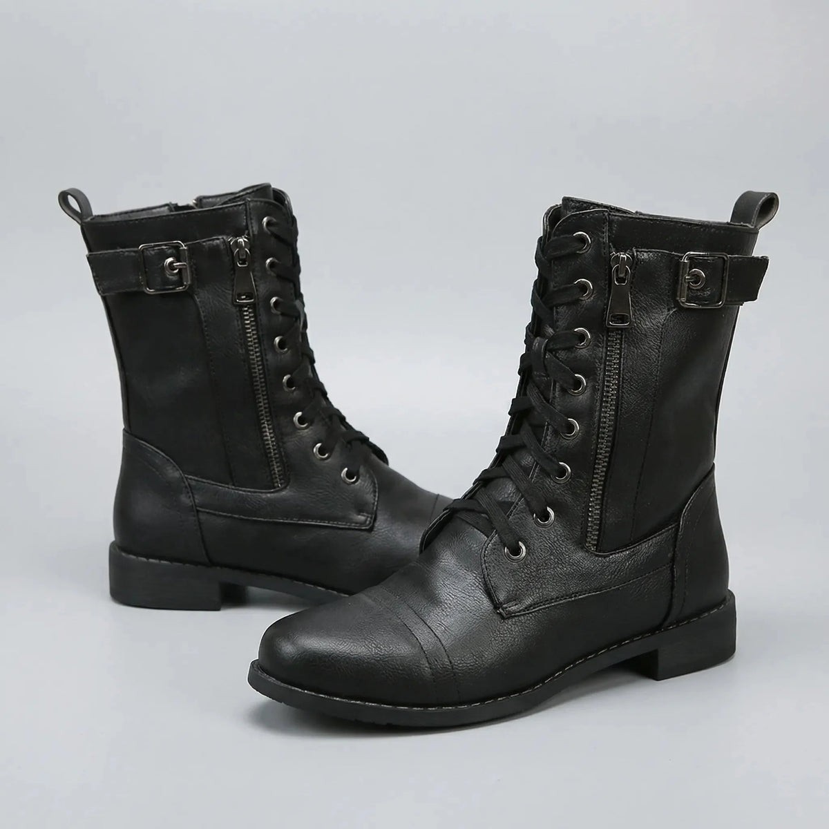 Women's Leather Combat Boots Lace-Up Side Zip Buckle Mid-Calf Cap Toe Military