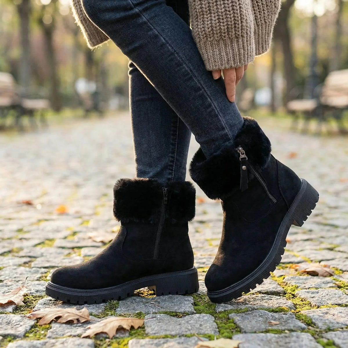 Women's Suede Ankle Boots Faux Fur Collar Side Zip Lug Sole Warm Winter Booties