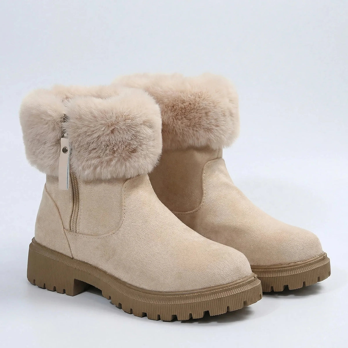 Women's Suede Ankle Boots Faux Fur Collar Side Zip Lug Sole Warm Winter Booties