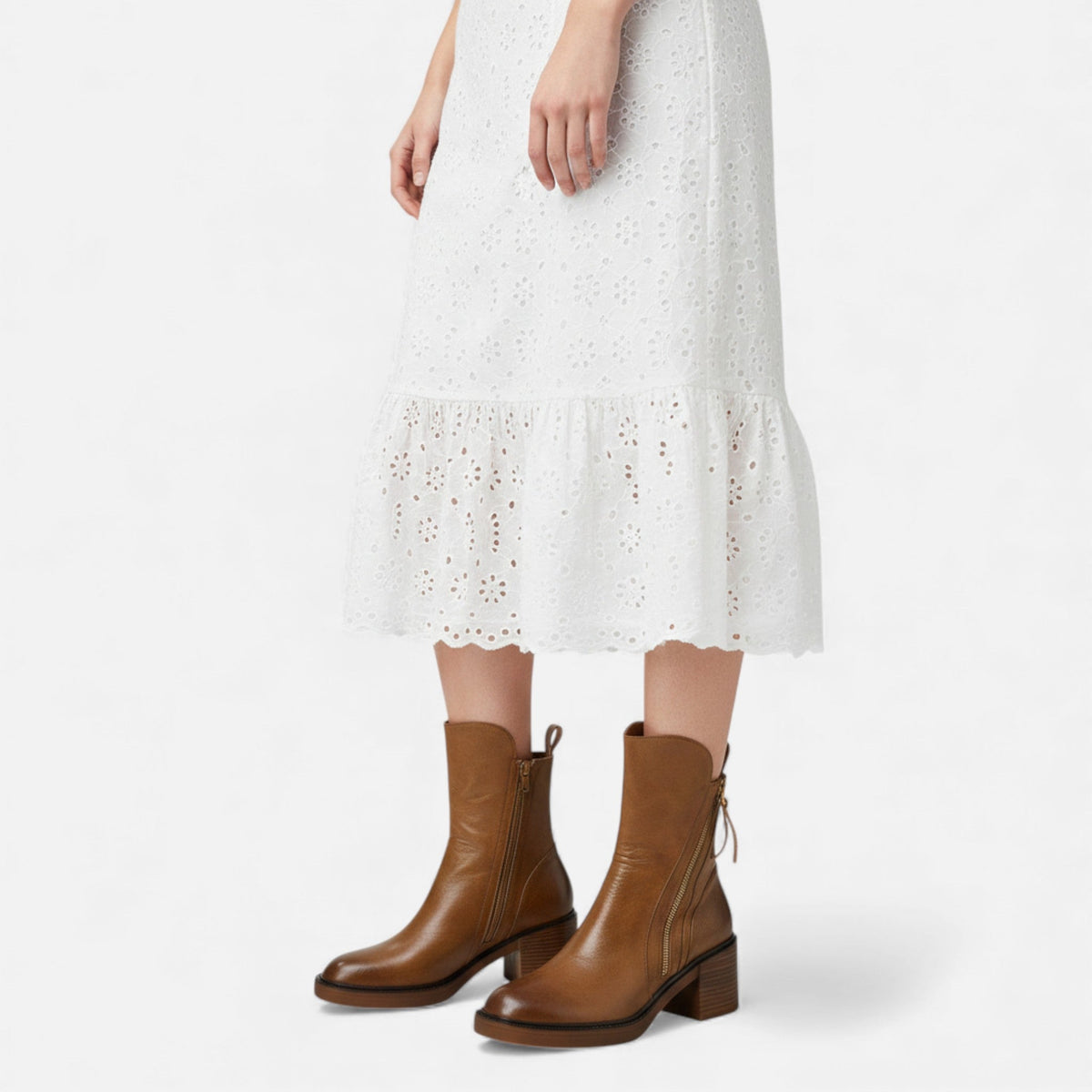 Women's Leather Ankle Boots Side-Zip Block-Heel Round-Toe Classic