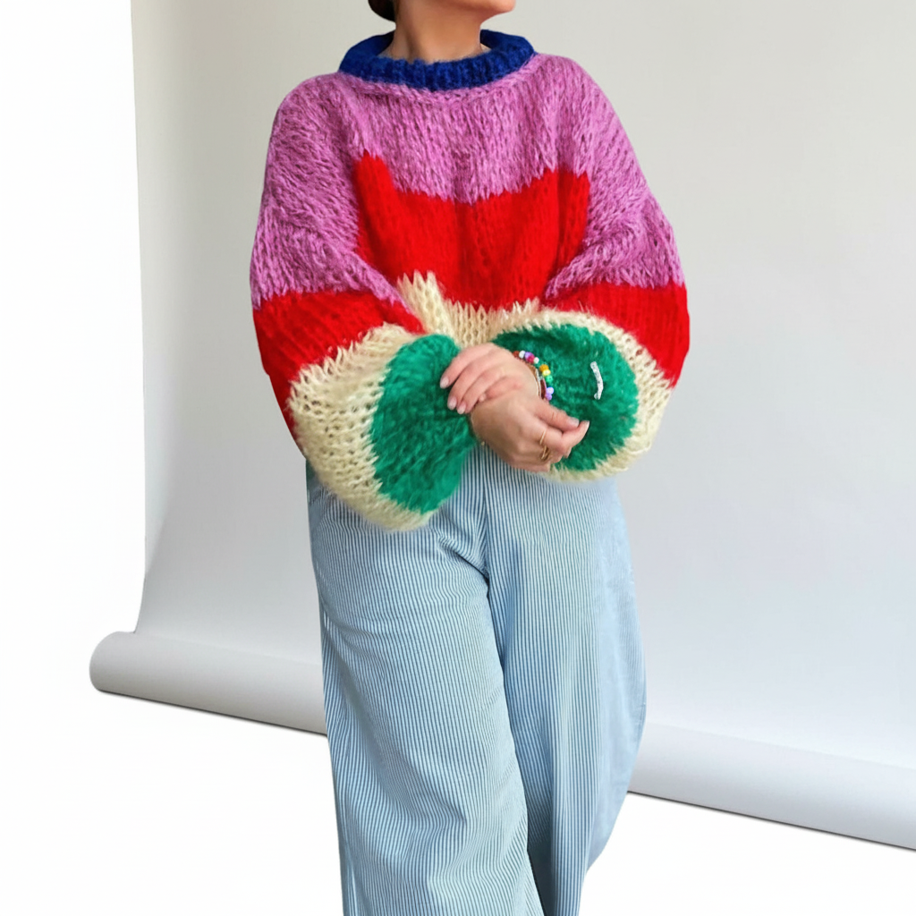 Women's Chunky Knit Sweater Wide Stripe Crewneck Balloon-Sleeve Oversized Relaxed