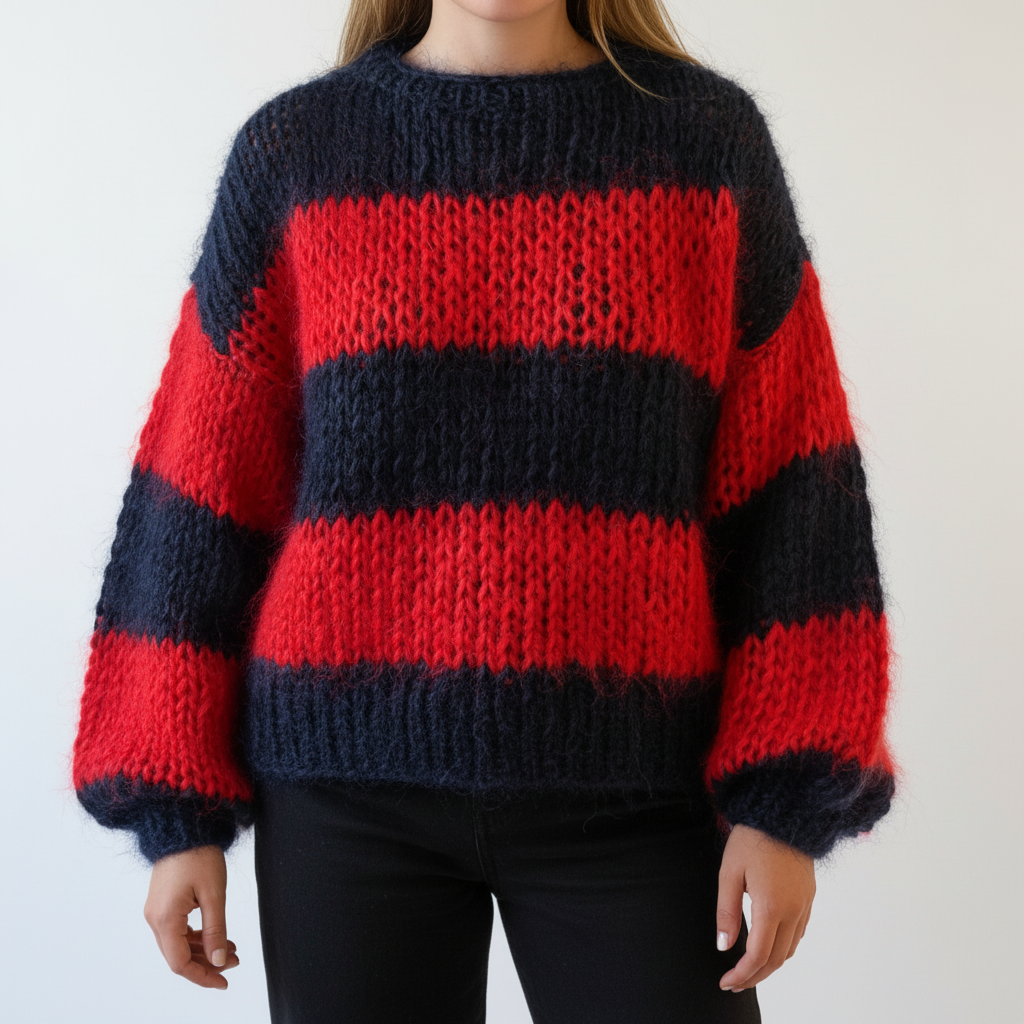 Women's Chunky Knit Sweater Wide Stripe Crewneck Balloon-Sleeve Oversized Relaxed