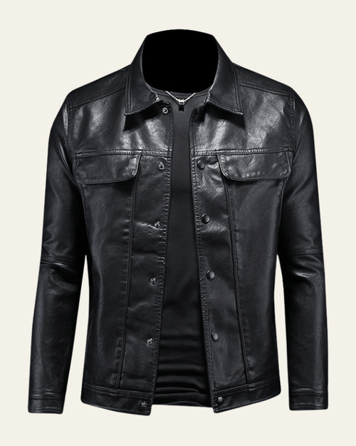 Men's Faux Leather Trucker Jacket Spread Collar Press-Stud Chest-Pocket Biker