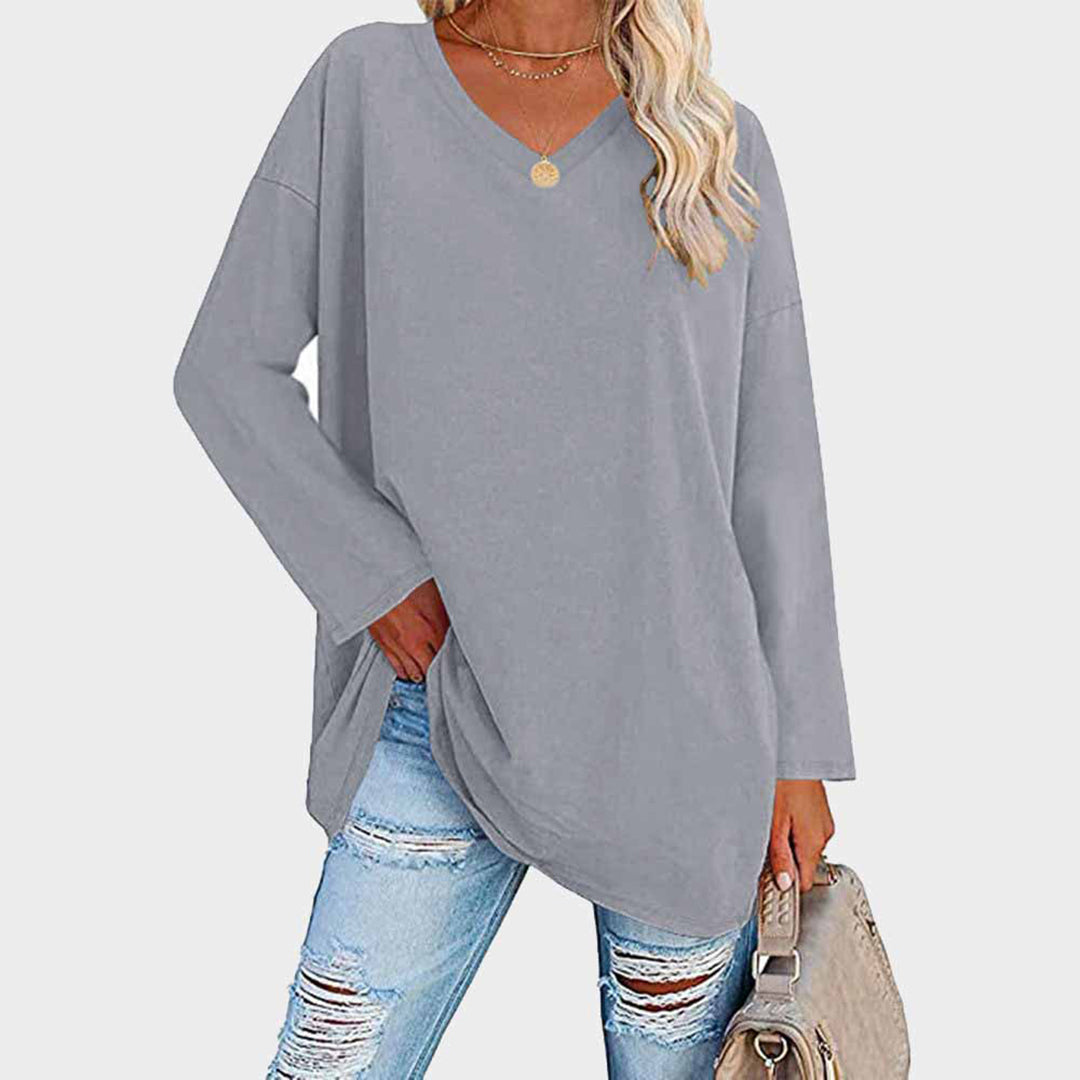 Women's Oversized Tunic Top V-Neck Long Sleeve Drop Shoulder Side-Slit Relaxed Pullover