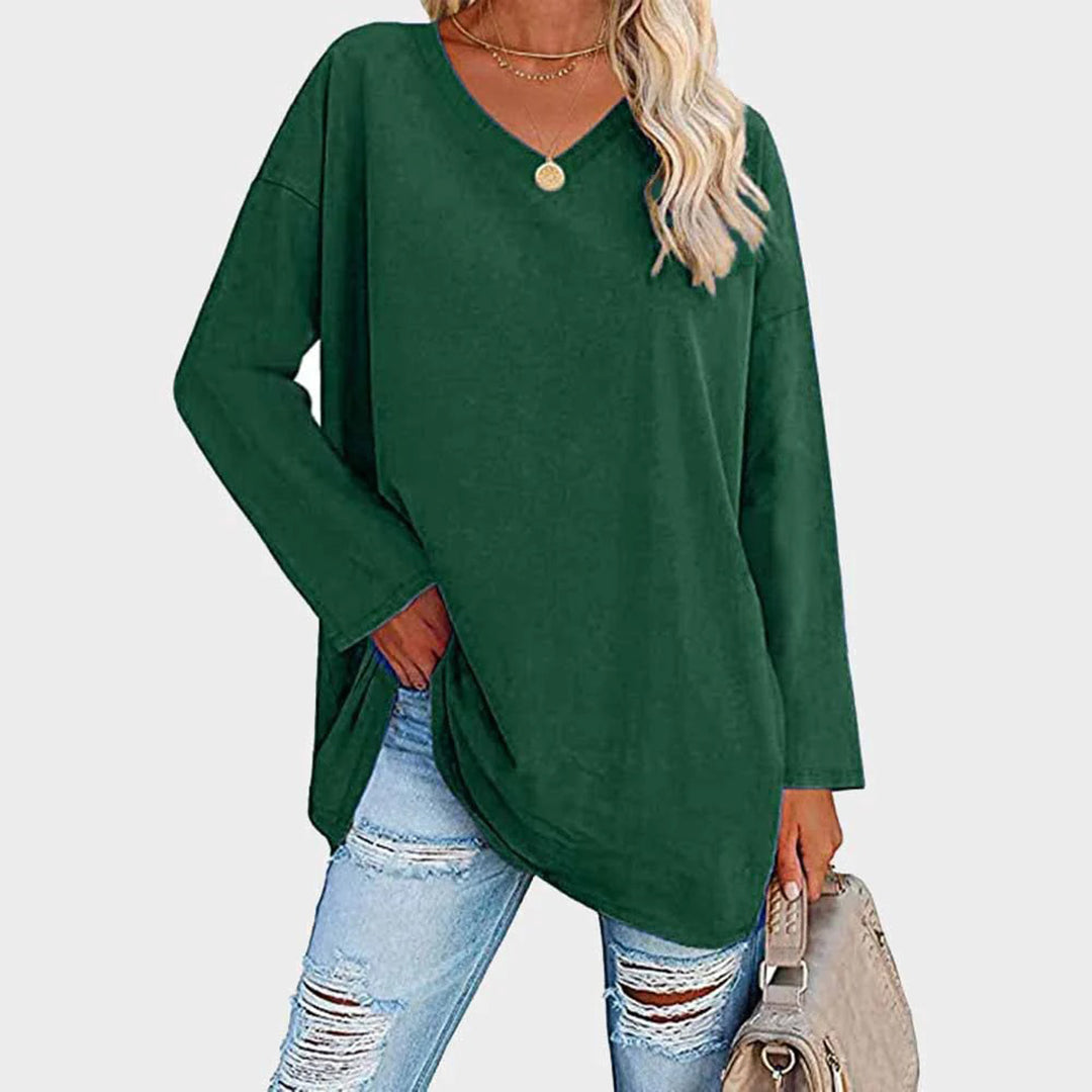 Women's Oversized Tunic Top V-Neck Long Sleeve Drop Shoulder Side-Slit Relaxed Pullover