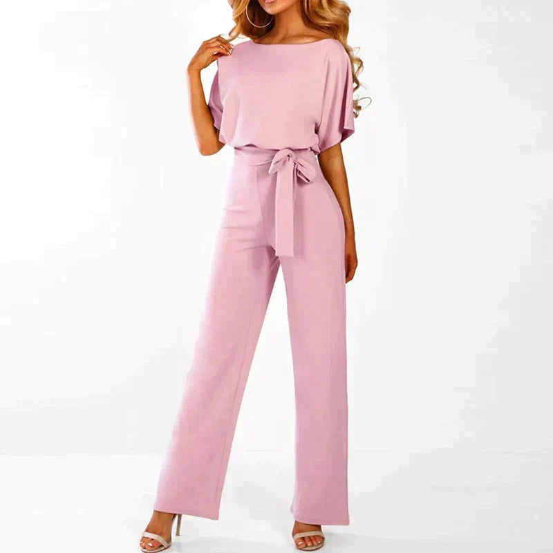 Women's Belted Wide Leg Jumpsuit Short Sleeve Boat Neck Straight Casual