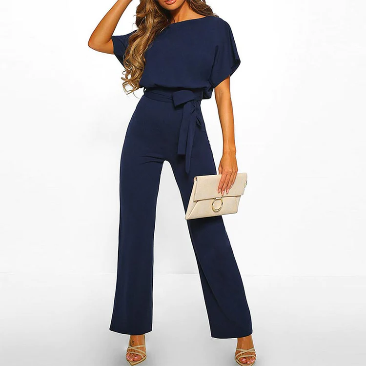 Women's Belted Wide Leg Jumpsuit Short Sleeve Boat Neck Straight Casual