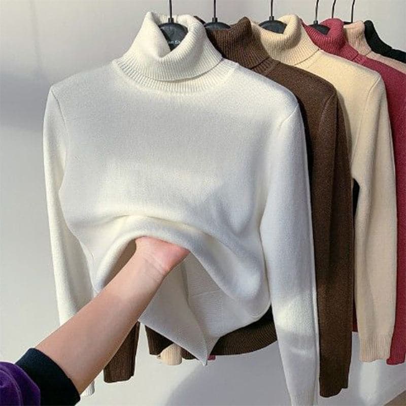 Women's Fleece Lined Turtleneck Sweater Ribbed Slim Warm Long-Sleeve