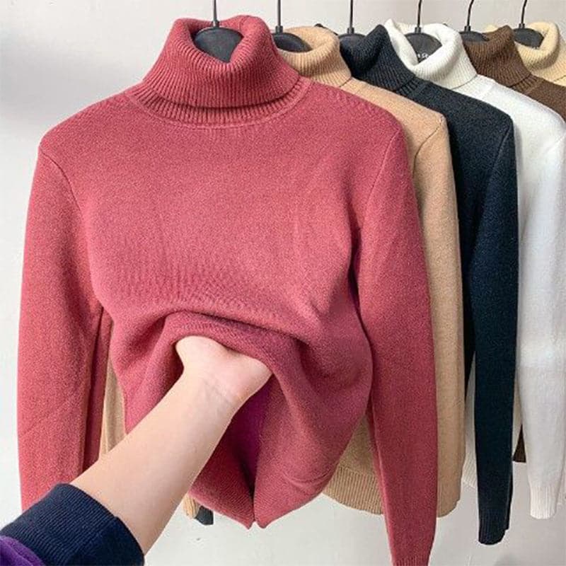 Women's Fleece Lined Turtleneck Sweater Ribbed Slim Warm Long-Sleeve