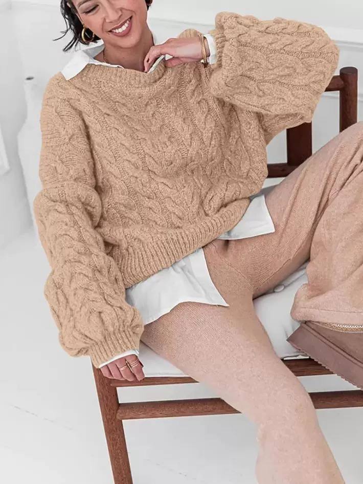 Women's Oversized Cable Knit Sweater Crewneck Aran Chunky Drop-Shoulder Relaxed