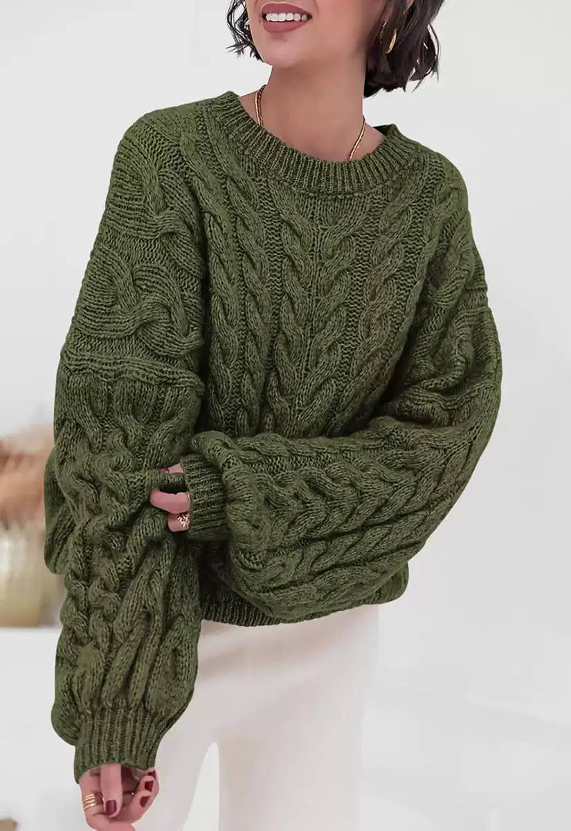 Women's Oversized Cable Knit Sweater Crewneck Aran Chunky Drop-Shoulder Relaxed