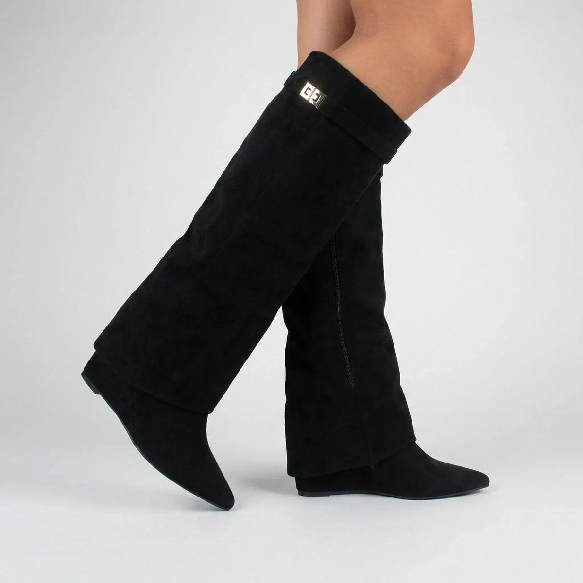 Women's Knee High Boots Block Heel Buckle Side Zip Round Toe Riding Winter