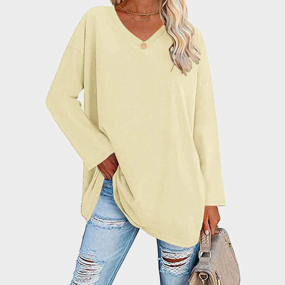 Women's Oversized Tunic Top V-Neck Long Sleeve Drop Shoulder Side-Slit Relaxed Pullover