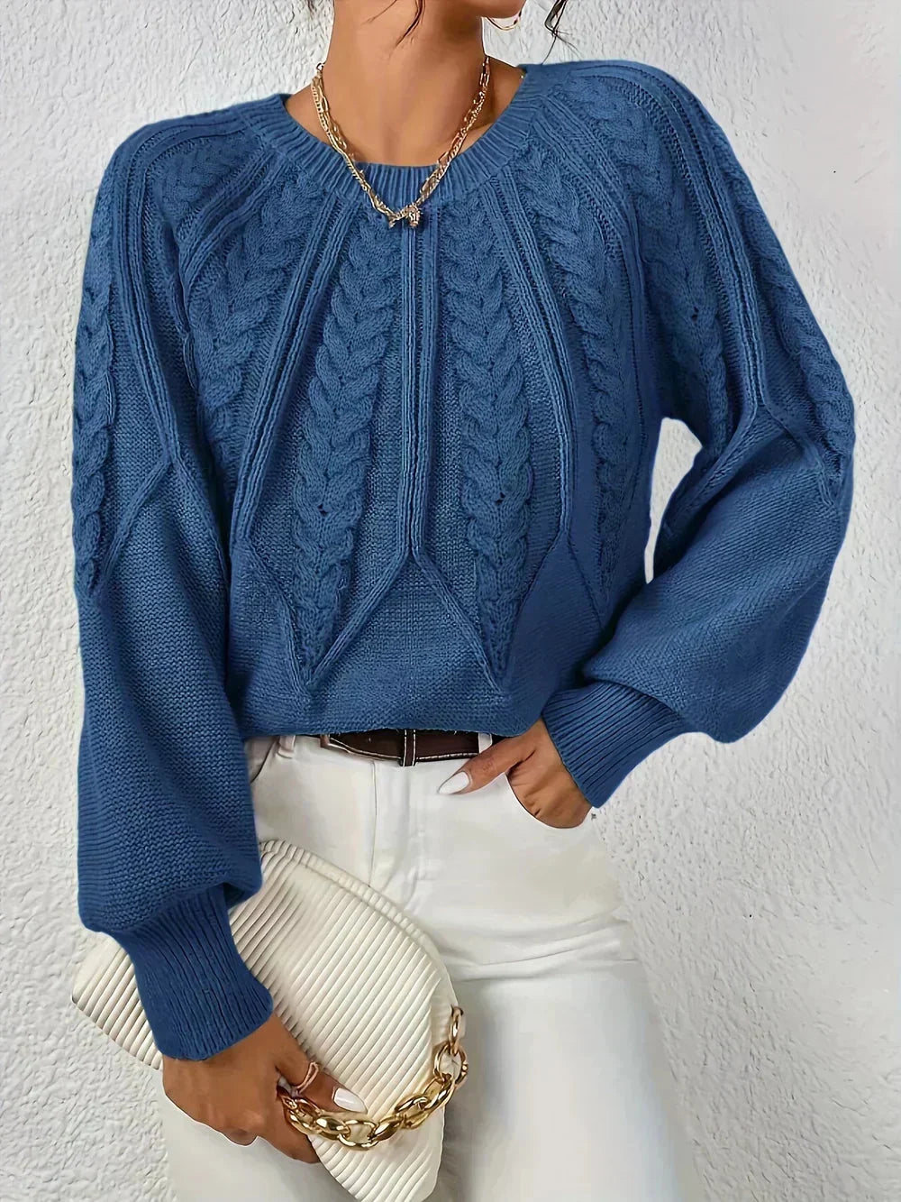 Women's Cable Knit Sweater Crewneck Raglan Sleeve Textured Relaxed Cozy