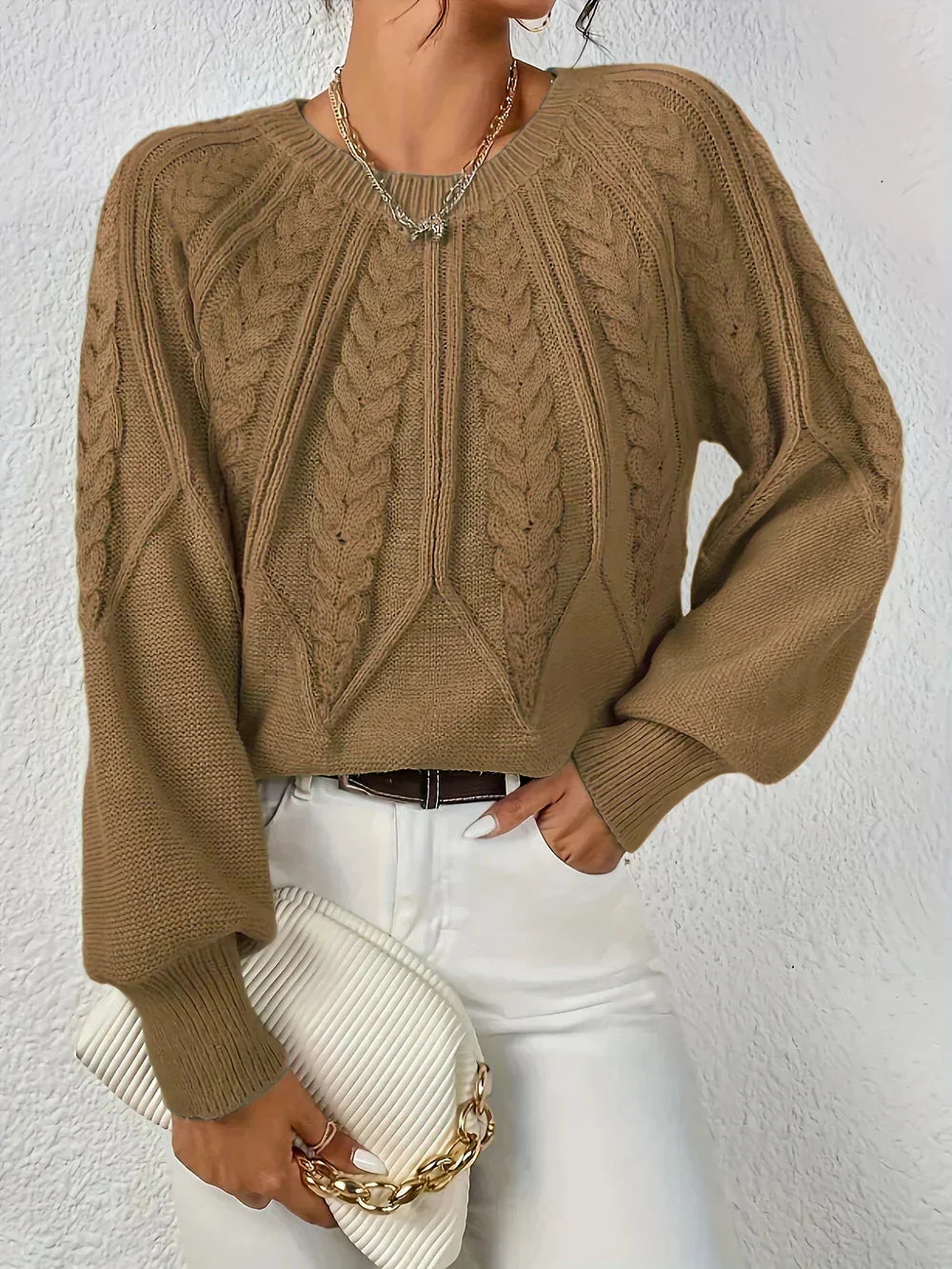 Women's Cable Knit Sweater Crewneck Raglan Sleeve Textured Relaxed Cozy