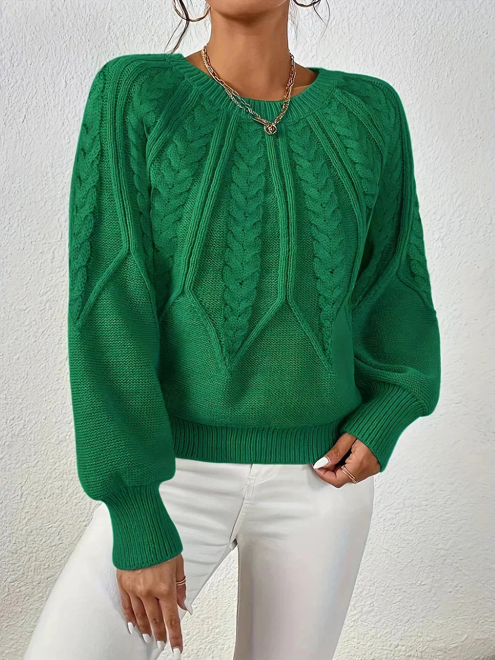 Women's Cable Knit Sweater Crewneck Raglan Sleeve Textured Relaxed Cozy