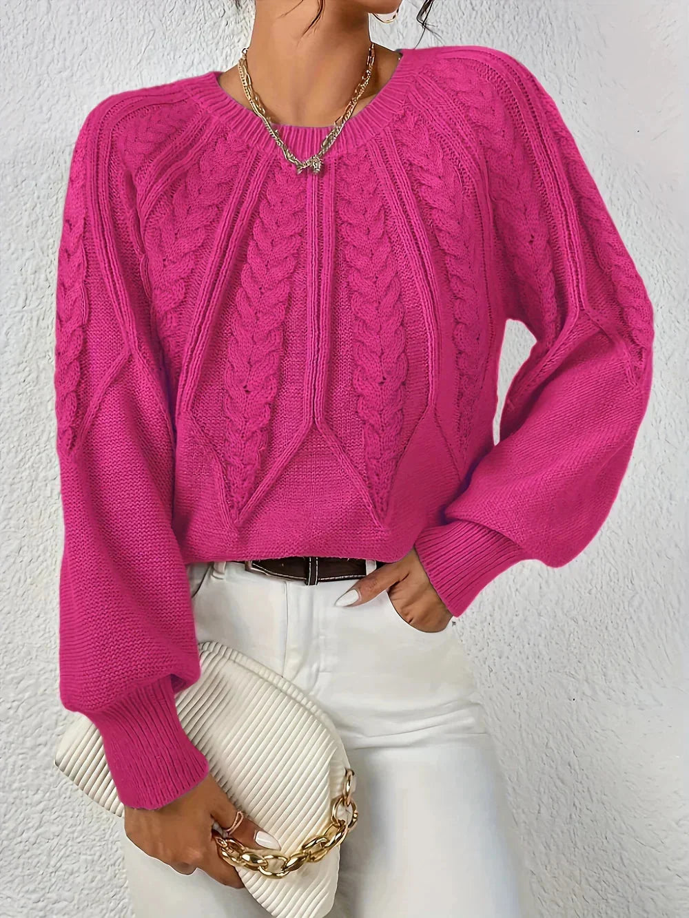 Women's Cable Knit Sweater Crewneck Raglan Sleeve Textured Relaxed Cozy
