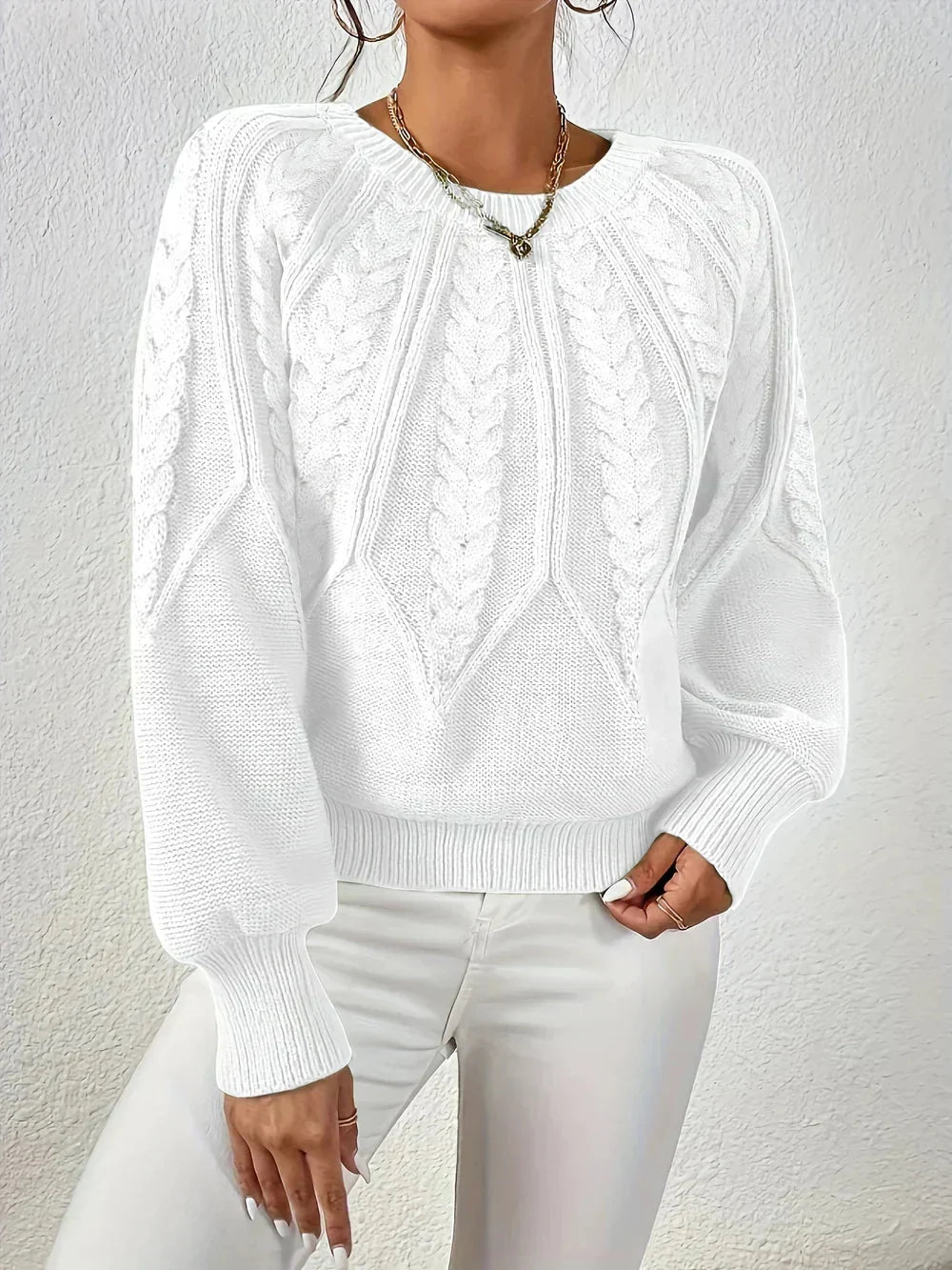 Women's Cable Knit Sweater Crewneck Raglan Sleeve Textured Relaxed Cozy