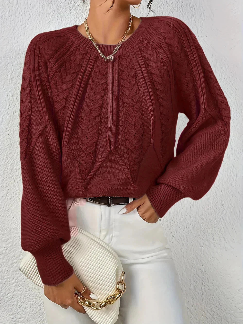 Women's Cable Knit Sweater Crewneck Raglan Sleeve Textured Relaxed Cozy