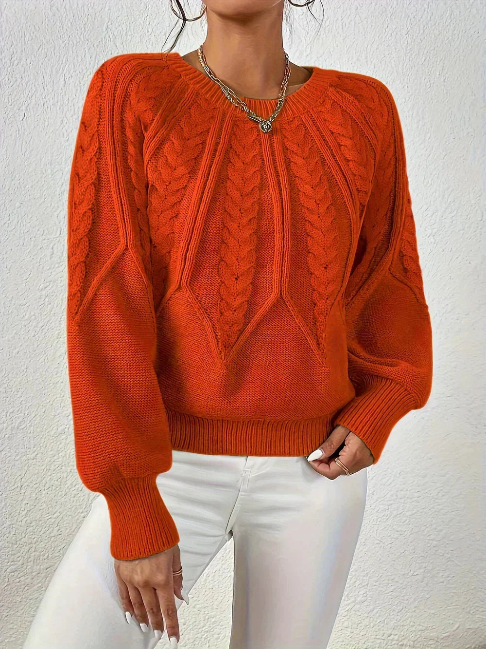 Women's Cable Knit Sweater Crewneck Raglan Sleeve Textured Relaxed Cozy