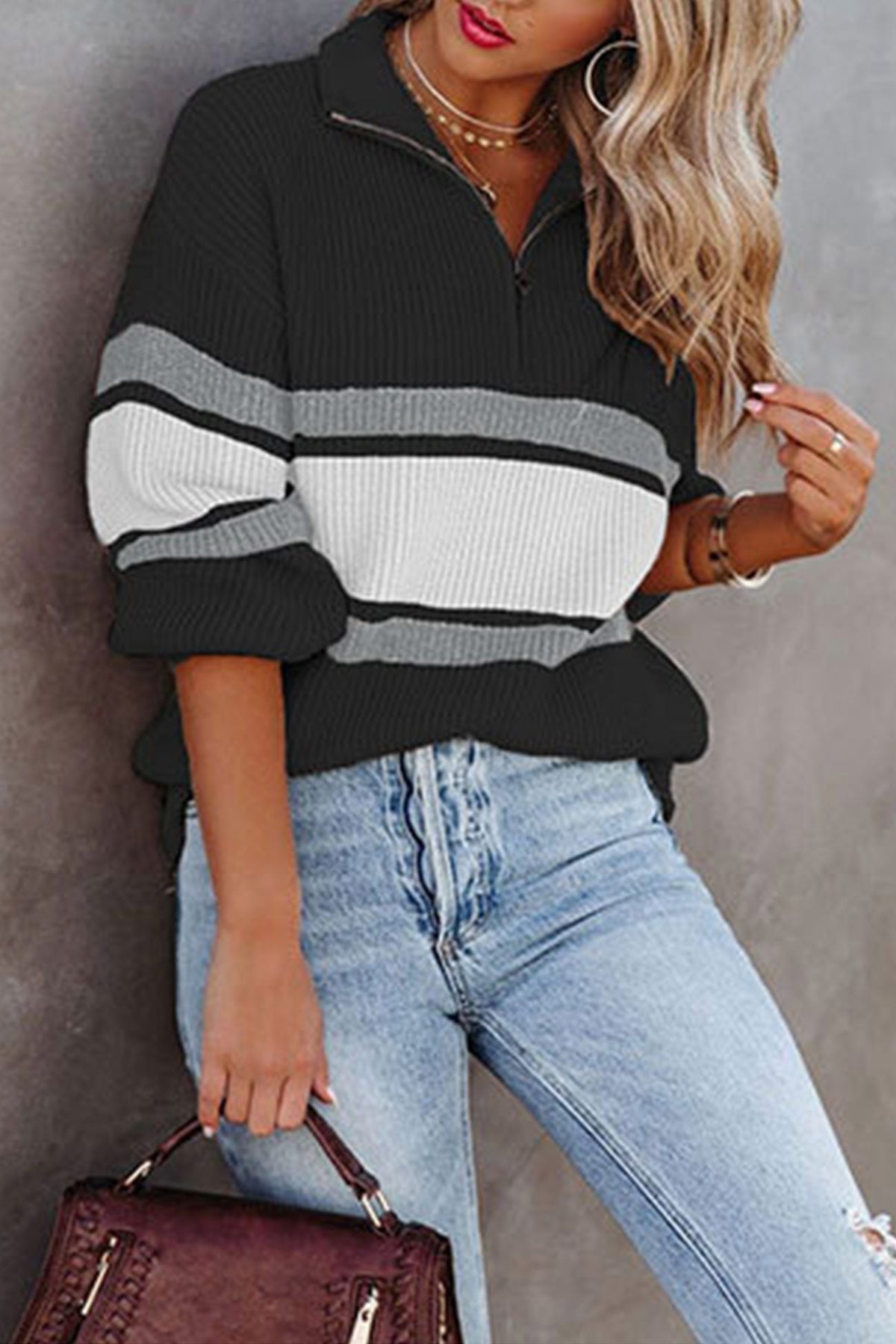 Women's Striped Half-Zip Knit Pullover Collared Drop-Shoulder Relaxed Colorblock