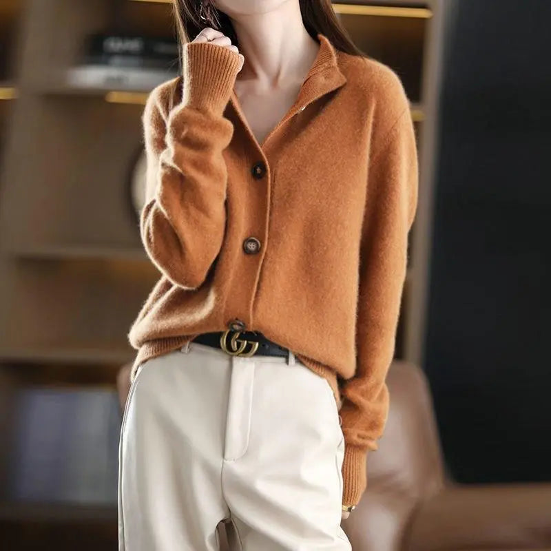Women's Wool Button-Front Cardigan Spread Collar Relaxed Soft Long-Sleeve Knit