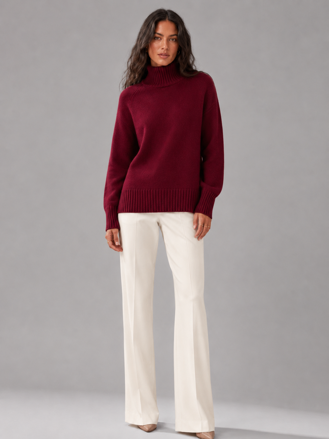 Women's Wool Turtleneck Sweater High Neck Oversized Ribbed Relaxed Warm
