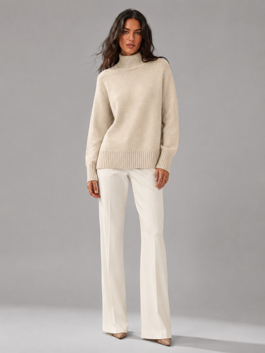 Women's Wool Turtleneck Sweater High Neck Oversized Ribbed Relaxed Warm