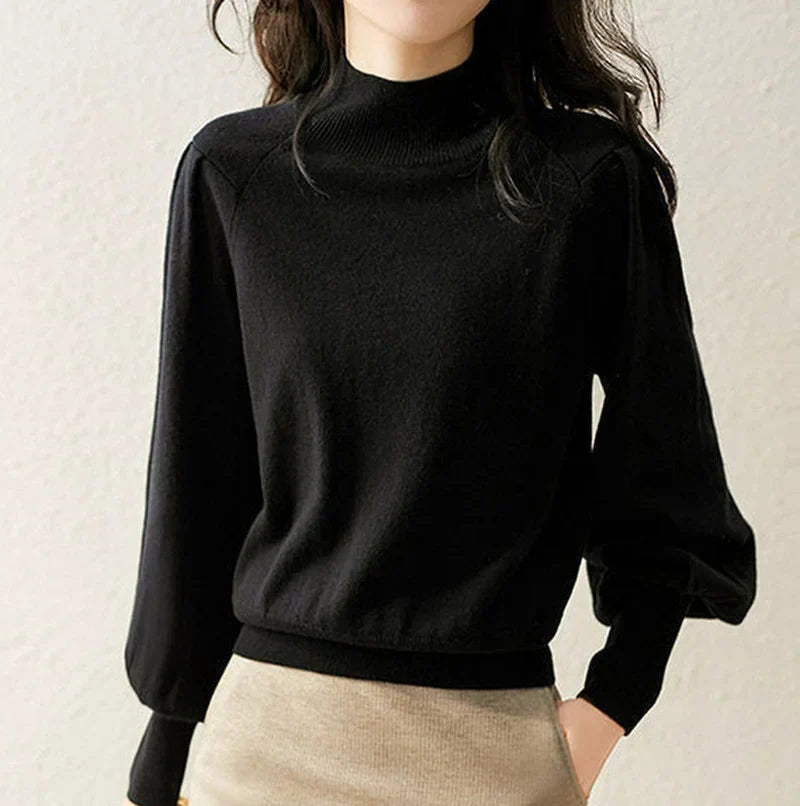 Women's Mock Neck Knit Top Bishop Sleeve Fine-Knit Fitted